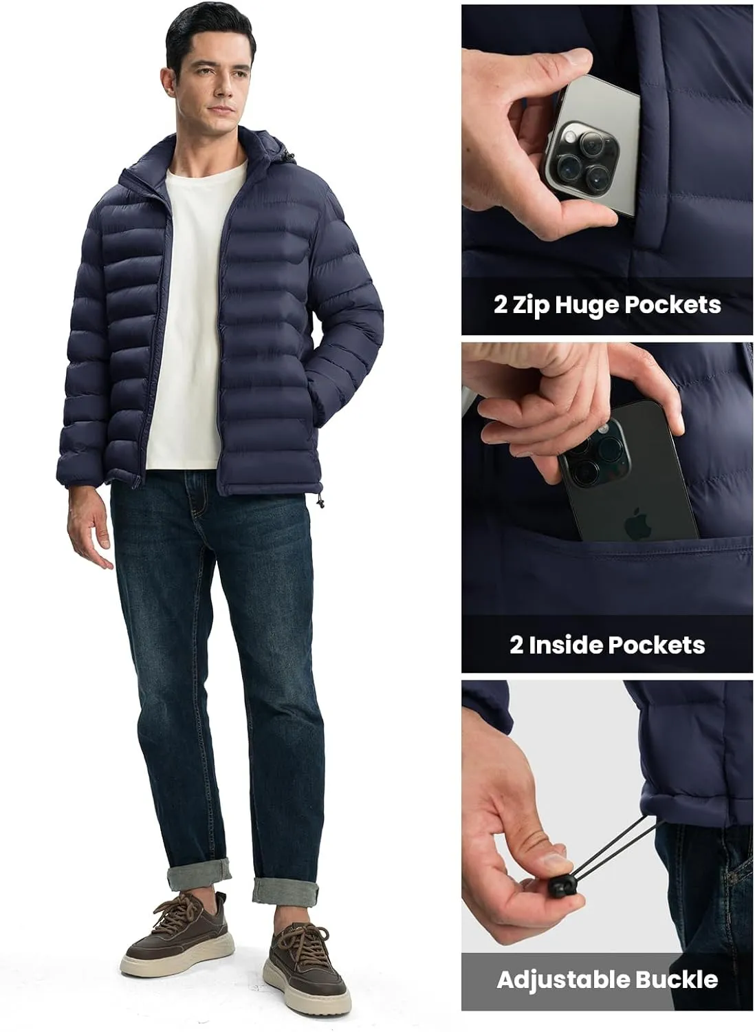 TBMPOY Men's Lightweight Puffer Jackets Detachable Hood Water-Resistant Casual Winter Coat Hooded Insulated for Travel Ski