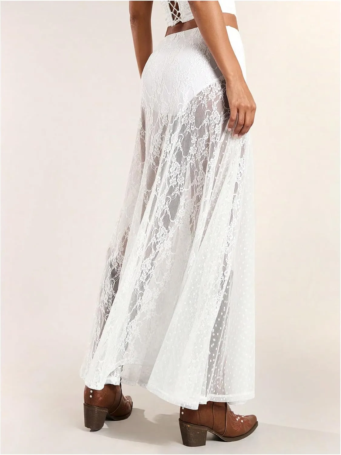 WDIRARA Women's Sexy See Through Sheer Lace Maxi Skirt Low Waist Ruffle Hem A Line Flowy Skirt