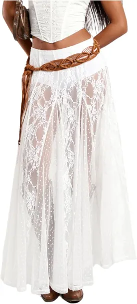 WDIRARA Women's Sexy See Through Sheer Lace Maxi Skirt Low Waist Ruffle Hem A Line Flowy Skirt