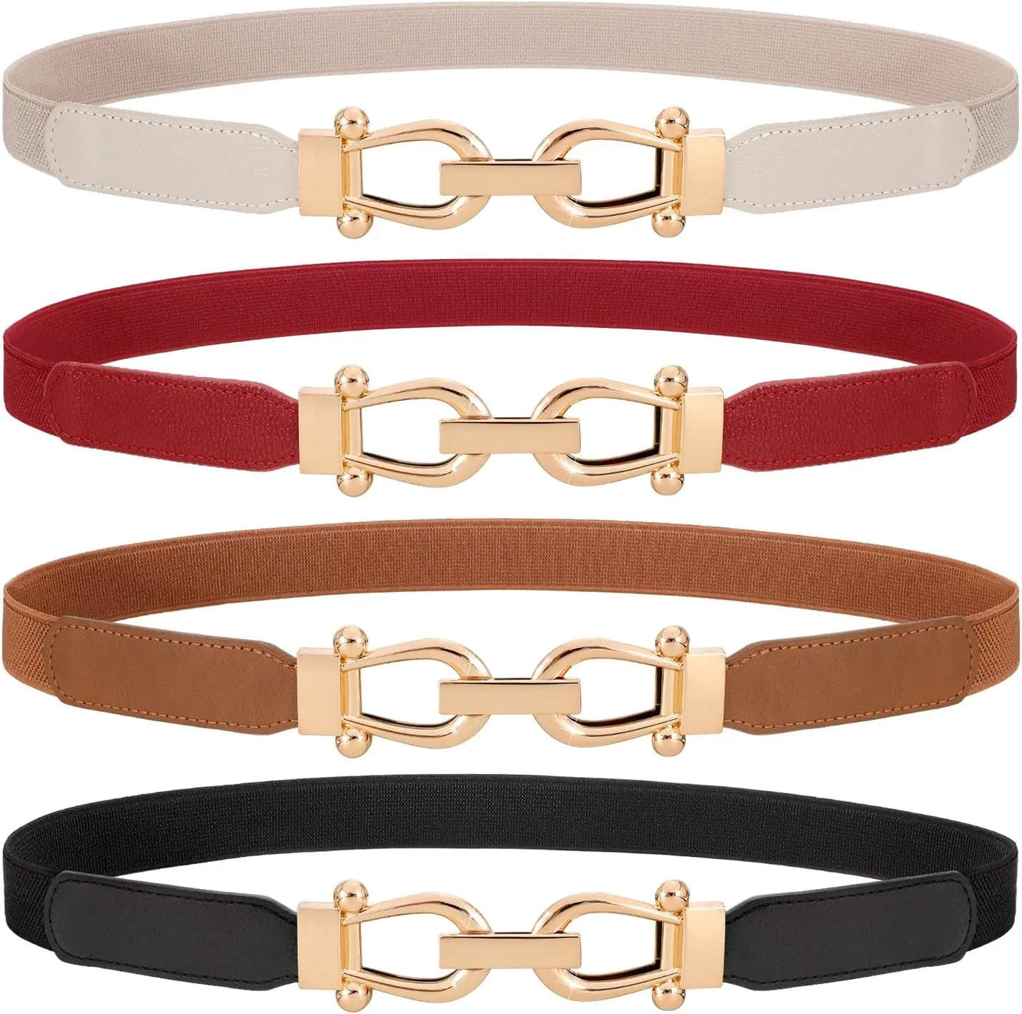 WERFORU 4 Pack Women Skinny Elastic Waist Belt Gold Buckle Stretchy Thin Belt for Jeans Dress