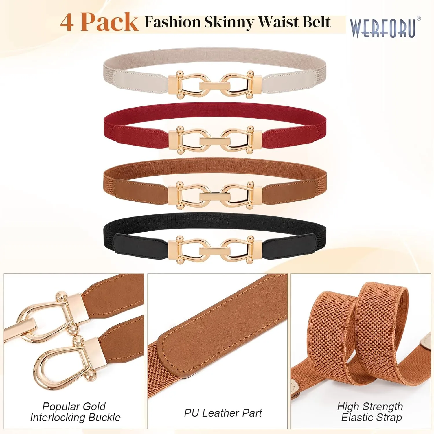 WERFORU 4 Pack Women Skinny Elastic Waist Belt Gold Buckle Stretchy Thin Belt for Jeans Dress