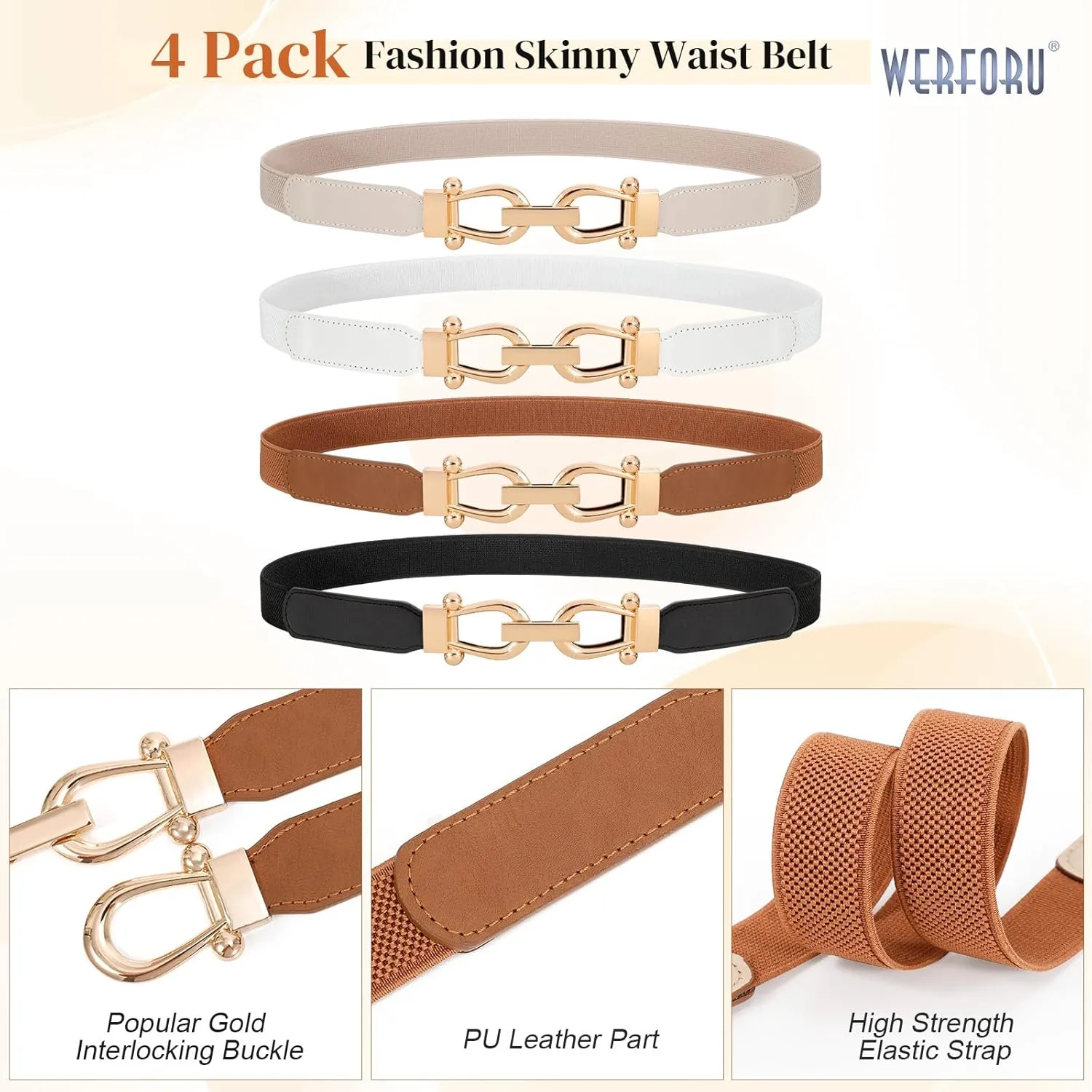 WERFORU 4 Pack Women Skinny Elastic Waist Belt Gold Buckle Stretchy Thin Belt for Jeans Dress