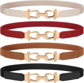 WERFORU 4 Pack Women Skinny Elastic Waist Belt Gold Buckle Stretchy Thin Belt for Jeans Dress