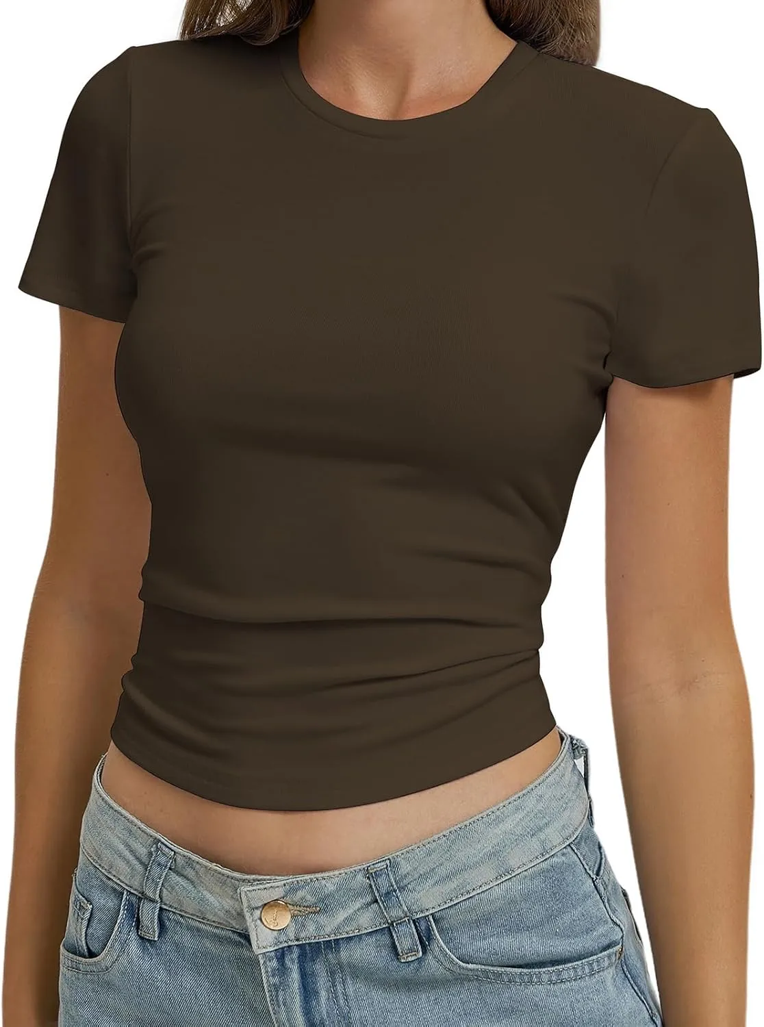 Women Casual Basic T Shirts Top Y2k Crop Tops Trendy Tight Tshirts Tee Slim Fit Clothes