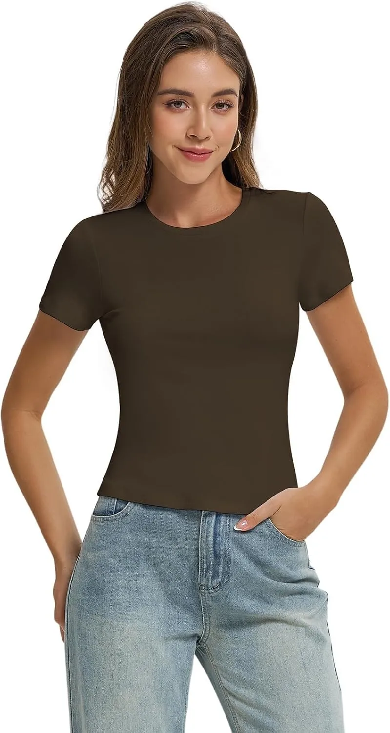 Women Casual Basic T Shirts Top Y2k Crop Tops Trendy Tight Tshirts Tee Slim Fit Clothes