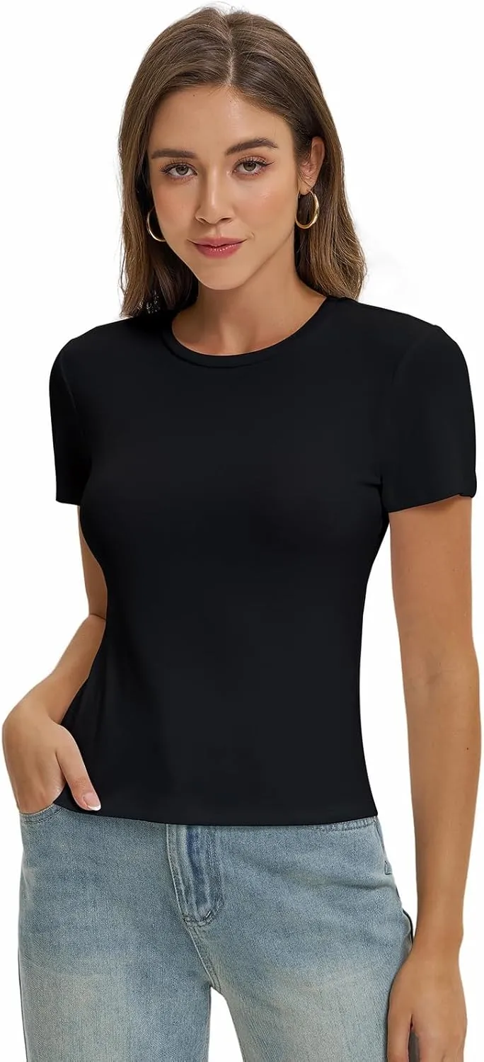 Women Casual Basic T Shirts Top Y2k Crop Tops Trendy Tight Tshirts Tee Slim Fit Clothes