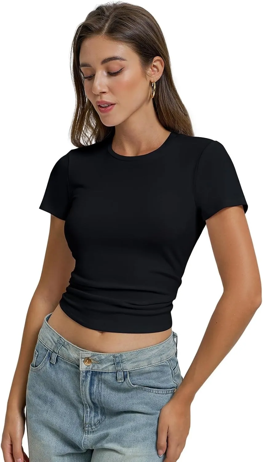 Women Casual Basic T Shirts Top Y2k Crop Tops Trendy Tight Tshirts Tee Slim Fit Clothes