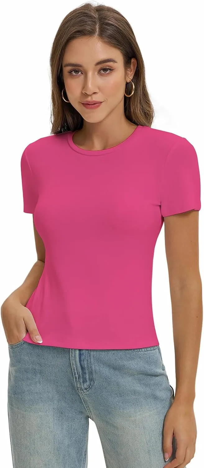 Women Casual Basic T Shirts Top Y2k Crop Tops Trendy Tight Tshirts Tee Slim Fit Clothes