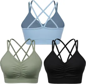 Women's Cross Back Sports Bra Padded Strappy Medium Support Yoga Bra for Workout Fitness 3 Pack
