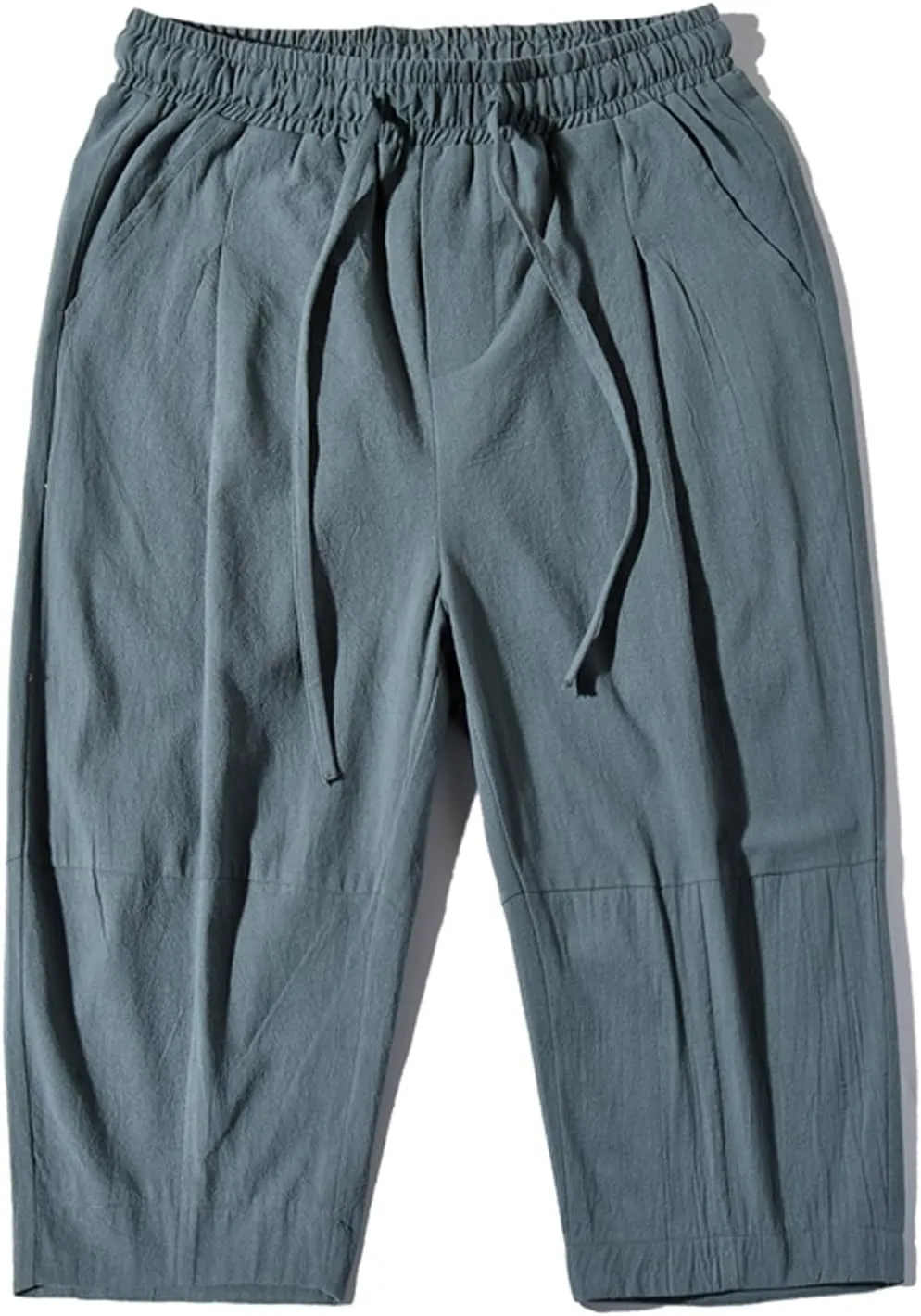 Zeiyignr Men's Cotton Linen Bermuda Shorts Casual Baggy Summer Drawstring Elastic Waist Knee Length Beach Shorts with Pockets
