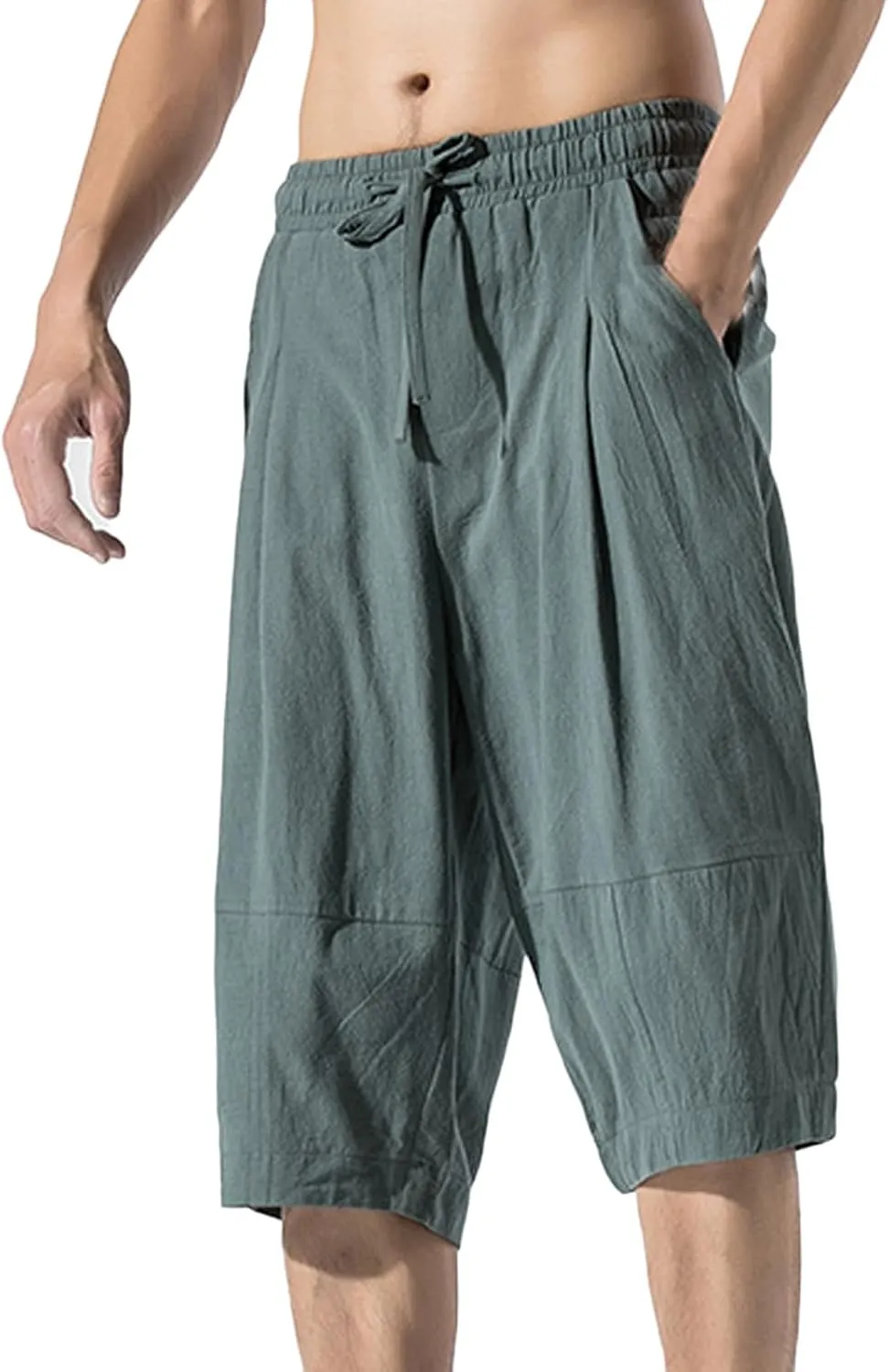 Zeiyignr Men's Cotton Linen Bermuda Shorts Casual Baggy Summer Drawstring Elastic Waist Knee Length Beach Shorts with Pockets