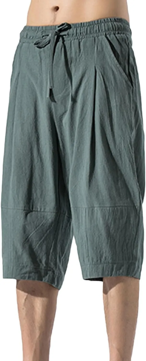 Zeiyignr Men's Cotton Linen Bermuda Shorts Casual Baggy Summer Drawstring Elastic Waist Knee Length Beach Shorts with Pockets