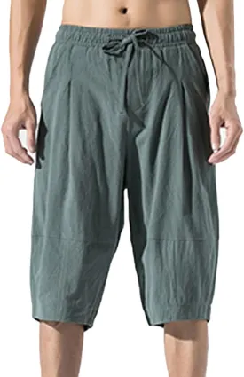 Zeiyignr Men's Cotton Linen Bermuda Shorts Casual Baggy Summer Drawstring Elastic Waist Knee Length Beach Shorts with Pockets